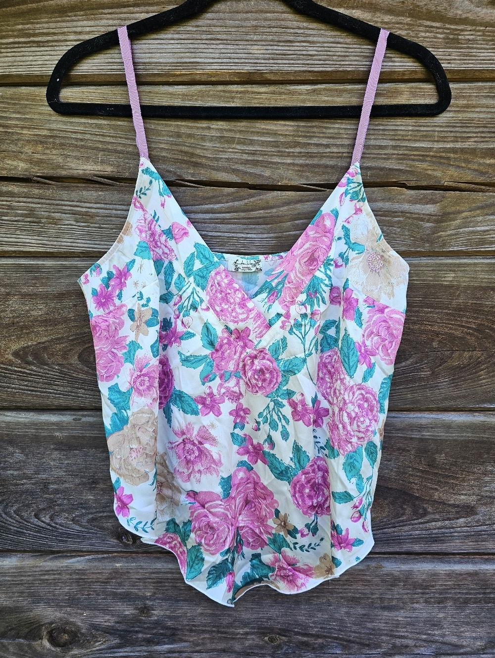 Free People Floral Handkerchief Hem Cami Tank Top Pink Green Boho Size M - Picture 2 of 7